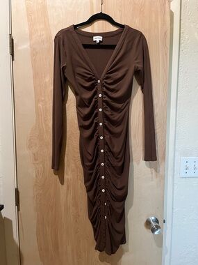 Ruched Button-Front Brown Long Sleeve Dress